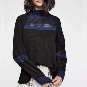 Free People Snow Day Thermal Long Sleeve Mock Neck Shirt Size XS black & blue